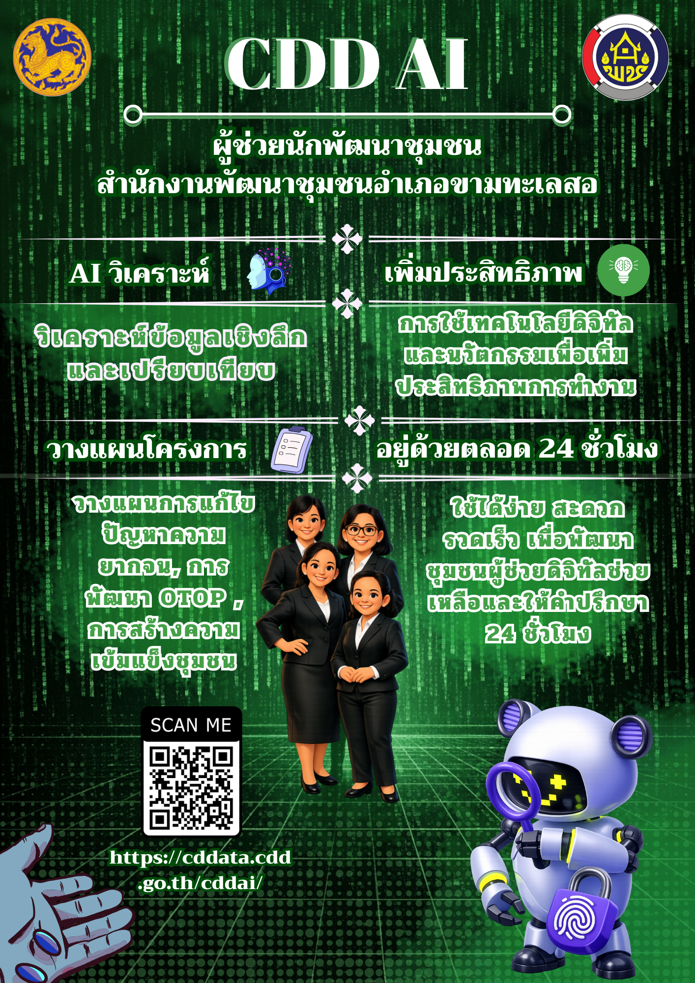 พช. ขามทะเลสอ ชวนใช้ "CDD AI" นวัตกรรมล้ำสมัย ยกระดับงานพัฒนาชุมชนสู่ยุคดิจิทัล! "CDD AI" ผู้ช่วยอัจฉริยะ เพื่องานพัฒนาชุมชน 24 ชั่วโมง
