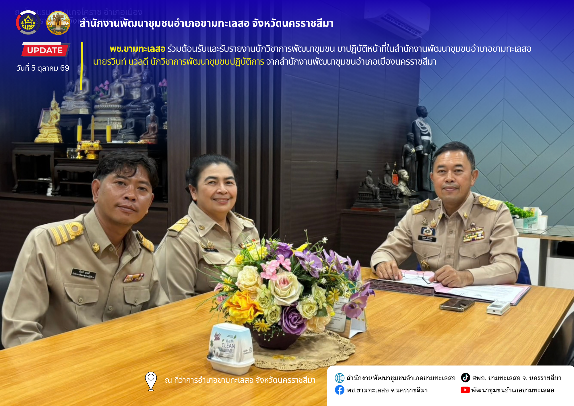 พช. ขามทะเลสอ ร่วมต้อนรับและรับรายงานนักวิชาการพัฒนาชุมชน มาปฏิบัติหน้าที่ในสำนักงานพัฒนาชุมชนอำเภอขามทะเลสอ